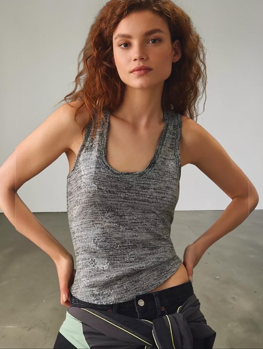 Pilcro Silver Stretch Metallic Sequin Scoop Neck Tank Top. Size Medium